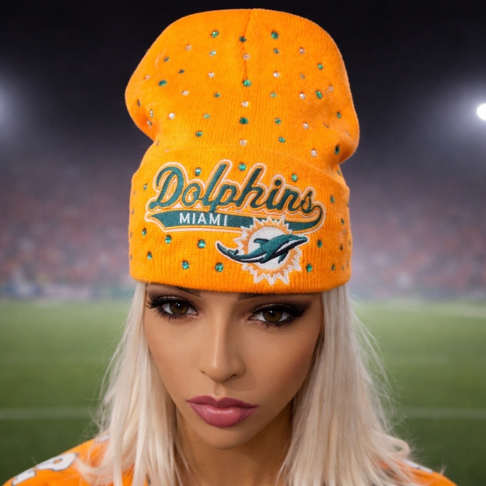 Miami Dolphins Orange Custom Rhinestone Cuffed Beanie‎ Knit Hat Embroidered Logo